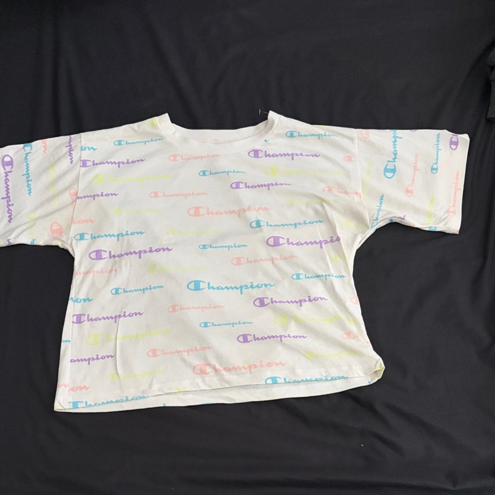 Champion White Tee with Pastel Multicolor Logos
